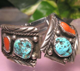 Vintage Mens Sterling Silver Turquoise Coral Navajo Watch Tips Signed Seiko Band