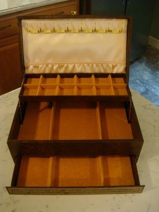 Vintage Brown Gold Jewelry Box Large 3 Tier 12 1/4 X 8 X 4 3/4 " Clean/great Cond