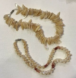 Set Of 2 Vintage Woven Sea Shell Necklace And Shell Shard W/ Seed Bead Choker