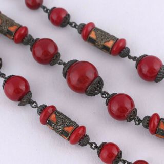 Vintage Art Deco Signed Czech Cherry Red Glass Enamel Bead Long Necklace