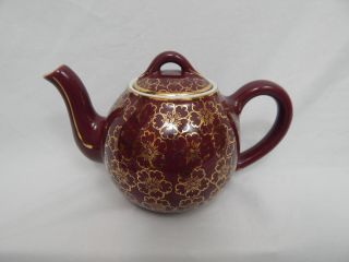 Vtg Hall China 2 Cup Teapot Burgundy Red Gold Flowers & Trim Made In Usa