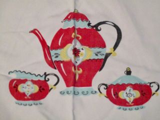 Vintage ' 40s ' 50s Red,  Blue,  Yellow Tablecloth,  Cherries,  Apples,  Teacups,  Roses 2