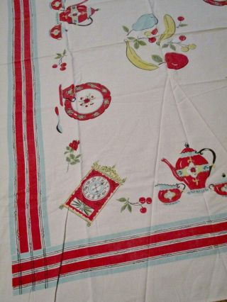 Vintage ' 40s ' 50s Red,  Blue,  Yellow Tablecloth,  Cherries,  Apples,  Teacups,  Roses 4
