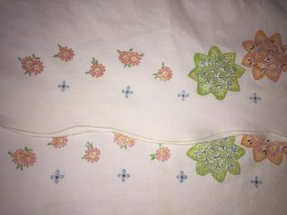 Vintage Pair 2 Pillow Case Tubing Embroidery Color Stamped Floral Scalloped Edge