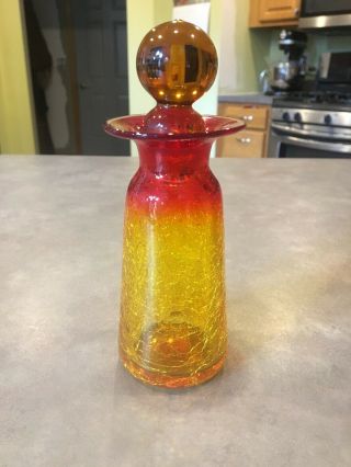 Vintage Blenko Crackle Glass Amberina Tangerine Bottle Jar Ball Stopper