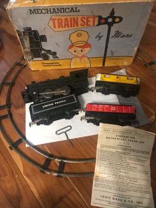 Vintage Mechanical Marx Train Set & Box Tin Wind Up Train