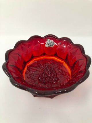 Fenton Red Glass Bowl Grape Design On Bottom Trinket 6 " Across Marked Vintage