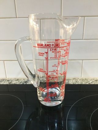 Vintage Clear Glass Martini Pitcher With Handle And 3 Drink Recipes In Red Euc
