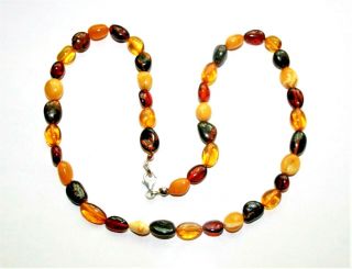 Vintage Multi Color Natural Amber Oval Beads 19 " Necklace Sterling Silver Clasp