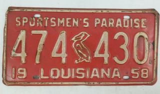 Vintage 1958 Louisiana Unrestored License Plate Sportsmen’s Paradise Pelican