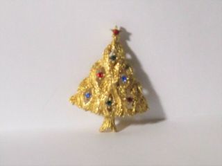 Vintage Jonette Jewelry Gold - Tone Metal Rhinestone Christmas Tree Pin Brooch