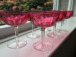 Set Of Six (6) Vintage Ruby - Clear Etched Champagne