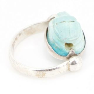 VTG Sterling Silver - Egyptian Carved Turquoise Scarab Beetle Ring Size 7 - 5.  5g 2
