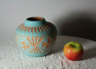 Vintage M & R Romero Acoma Native American Carved Pottery Vase