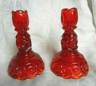 Pair Moon And Star Amberina Le Smith Glass Candle Sticks Holders Vintage 6 1/4 "
