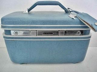 Samsonite Blue Travel Train Makeup Case with Tilt Mirror Keys Sticker Vintage 2
