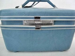 Samsonite Blue Travel Train Makeup Case with Tilt Mirror Keys Sticker Vintage 5