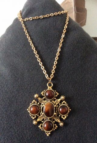 Vintage Natural Brown Stone Celtic Cross Pendant Gold Tone Necklace - 003