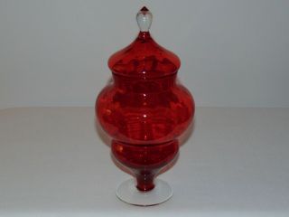 Vtg Mid Century Modern Italian Murano Ruby Red Art Glass Candy Bowl Jar & Lid