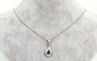 Vtg 9ct White Gold Diamond And Amethyst Pendant Necklace Stylish