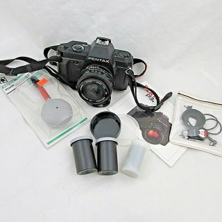 Pentax P3n 35mm Film Camera W/ Vivitar 2.  8 28mm Lens And Accessories