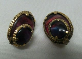 Vintage Crown Trifari Blue Pink Jeweled Costume Jewelry Clip Earrings