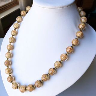 Art Deco Venetian Murano Glass Beads Necklace Cream Gold Aventurine Wedding Vtg