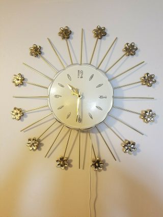 Vtg Mid Century 1963 Gold Floral Starburst Wall Clock Robert Shaw Lux 20 "