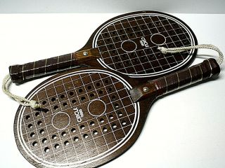 2 Vintage Circle Tennis Paddles Raquets Wood Dark Brown White String