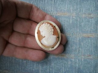 Old Vintage 1960s Gold Plated Italian Carved Shell Cameo Of A Lady Brooch Pin