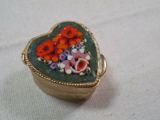 Vintage Micro Mosaic Italy Floral Hinged Heart Trinket - 1 " Pill Box - Ha