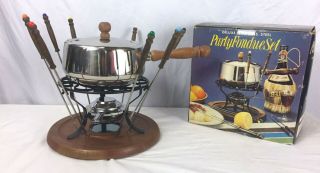 Vintage Mid Century Stainless Steel Fondue Pot & Forks,  Stand Japan