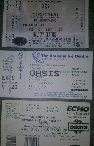 Oasis Vintage Concert Tickets.  Madchester/britpop