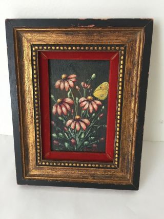 Small Vintage Signed Framed Art Painting Flowers And Butterfly (bc)