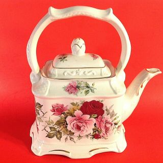 Crown Dorset Teapot Vintage Staffordshire England Pink Red Roses And Gold Trim