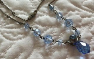Vintage Art Deco Blue Faceted Glass Drop Silver Tone Necklace C1930 
