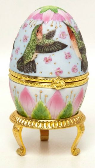 Vintage Hummingbird Trinket Box Egg Shaped Porcelain On Gold Stand Scroll Inside