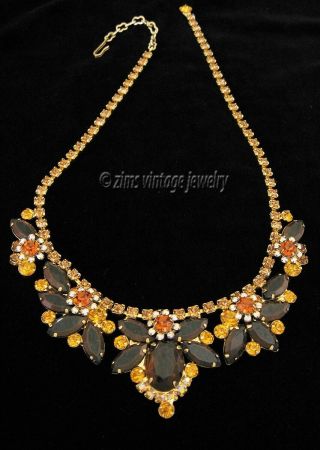 Vintage D&e Juliana Gold Amber Brown Topaz Ab Rhinestone Floral Collar Necklace