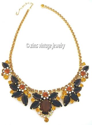 Vintage D&E JULIANA Gold amber Brown Topaz ab rhinestone FLORAL Collar NECKLACE 2