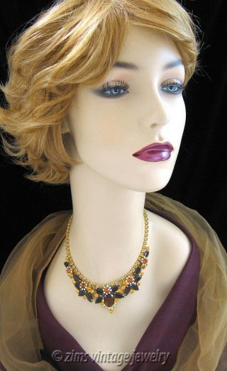 Vintage D&E JULIANA Gold amber Brown Topaz ab rhinestone FLORAL Collar NECKLACE 3