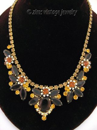 Vintage D&E JULIANA Gold amber Brown Topaz ab rhinestone FLORAL Collar NECKLACE 4