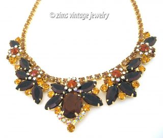 Vintage D&E JULIANA Gold amber Brown Topaz ab rhinestone FLORAL Collar NECKLACE 5