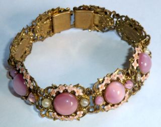 A Vintage 1930s Gold Tone Czech Painted Enamel Bracelet With Pink Glass Stones