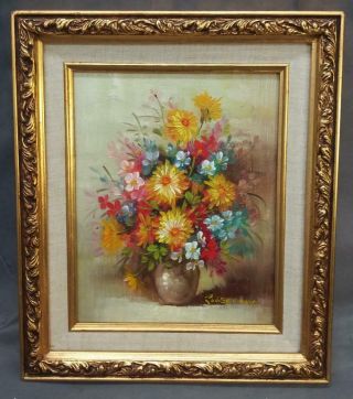 Vintage Flowers Floral Art Oil Painting Framed Signed Still Life Framed Vase