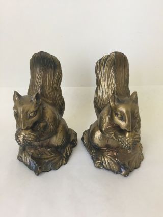 Vintage 1975 Pair Gold Cast Metal Squirrel And Acorn Bookends (bc)
