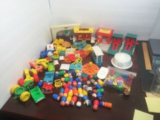 Large Mixed Vintage Fisher - Price Little People Cars Garage Fireman And Other