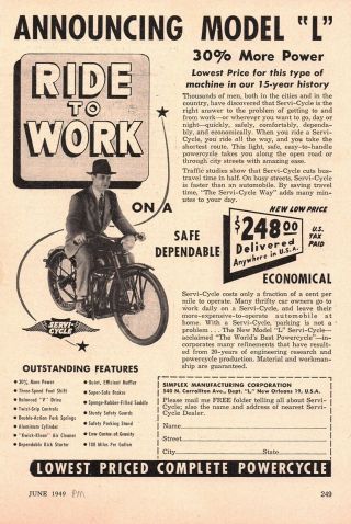 Vintage 1949 Simplex Servi Cycle Ad,  Model L,  Servi - Cycle