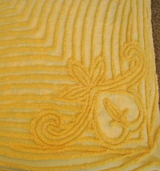 Vintage 1950s Yellow Cotton Chenille Bedspread With Festoon And Scroll Designs
