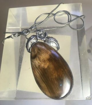 Vintage 1960’s Gfmw Petrified Sycamore Wood Sterling Silver Pendant & Chain