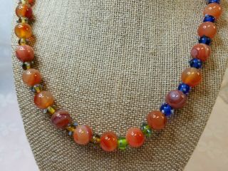 Vintage Art Deco Glass Beaded Necklace Jade ? Carnelian ? Hand Crafted Scb 624